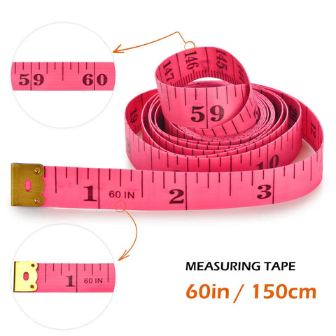 Pink measuring tape in inches and centimeters, 60in/150cm, rolled with highlighted segments.
