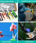 4 Pack Garden Pruning Shears Set With Stainless Steel Sharp Blades And Non Slip Grip for plants, trimming branches and flowers.