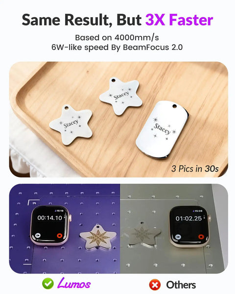 Comparison of Lumos Portable Laser Engraver With 3W IR And 10W Diode Built In 50MP Camera For Color Marking On Metal Ultra Fast 4000mm Per Second Galvo Engraving Auto And Manual Focus Dual Laser Machine For Jewelry DIY Crafts And Fairs engraving time and result with another machine, showing engraved metal tags and timers.