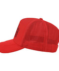 Side view of Red Washed Distressed Trucker Hat For Women Men Teens Lightweight Breathable Low Profile Baseball Cap Cute Lid