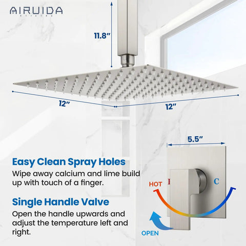 Shower Faucet Set And Handle Kit For Ceiling Mount Rainfall System, Single Function Trim, 12 Inch Square Head Brushed Nickel