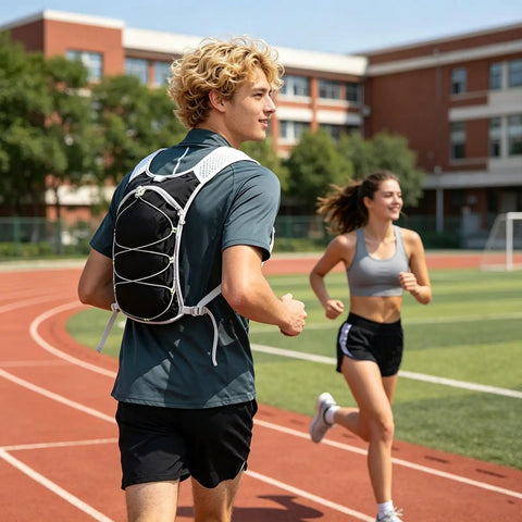 Man jogging on track with Waterproof Hydration Backpack For Hiking And Outdoor Adventures with adjustable straps and universal fit.