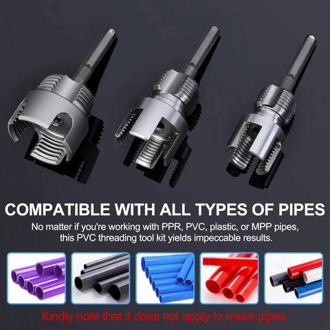 Dual Function PVC Pipe Threader Kit for internal and external threading in one half inch, three quarter inch, and one inch pipes.