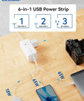 Six In One Power Strip With Surge Protection Three AC Outlets Two USB C Ports 65W Fast Charging And One USB A 18W MacBook Compatible Five Foot Extension Cord Ideal Home Office Charging Station on wooden table with devices connected