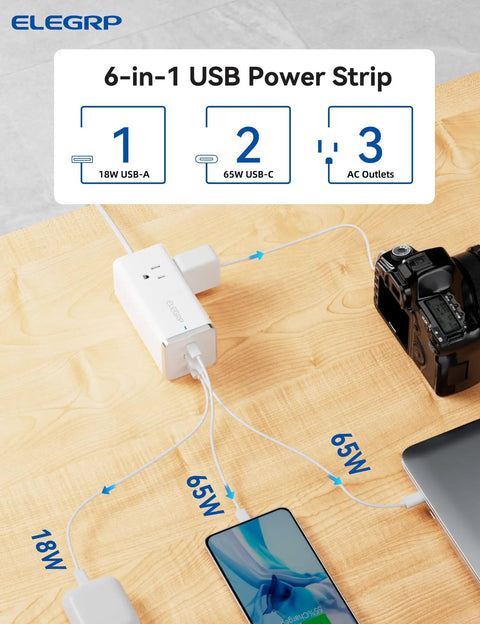 Six In One Power Strip With Surge Protection Three AC Outlets Two USB C Ports 65W Fast Charging And One USB A 18W MacBook Compatible Five Foot Extension Cord Ideal Home Office Charging Station on wooden table with devices connected