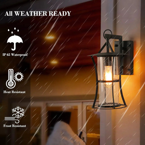 Outdoor Wall Light Fixtures Wall Mount Porch Light With E26 Base Socket IP65 Waterproof Clear Seed Glass Exterior Sconces Lantern Lamp illuminated on a wall during rain