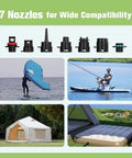 Electric SUP Pump With Battery For Paddle Boards, Dual Stage Inflation, Auto Shut Off shown with 7 nozzles and usage examples