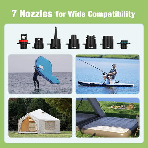 Electric SUP Pump With Battery For Paddle Boards, Dual Stage Inflation, Auto Shut Off shown with 7 nozzles and usage examples