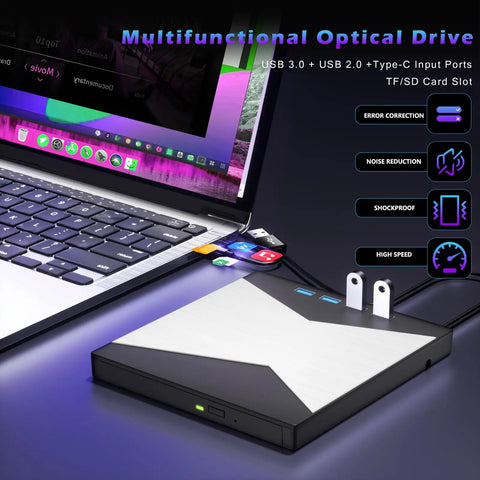 8 In 1 External CD DVD Drive With USB 3.0 And Four USB Ports And Two TF SD Card Slots Type C Compatible High Speed Data Transfer For Laptops Desktops PCs connected to laptop