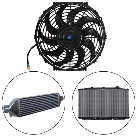 Universal Drop In 12 Inch Electric Radiator Cooling Fan Push Pull Kit Full Mount Hardware 12 Volt 80 Watt 1650 Cfm close-up view.