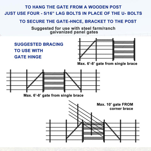Diagrams showing suggested bracing for installing 1 Set Heavy Duty T Post Gate Hinge Pins Made From Solid Steel Farm Gate Hanger Hardware