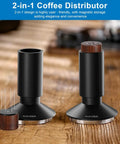 2-In-1 Espresso Tamper And Magnetic WDT Tool With 53mm Spring-Loaded Base Anodized Aluminum Handle shown in upright position