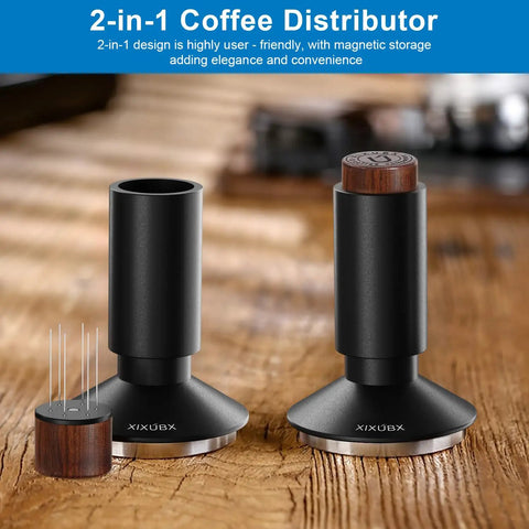 2-In-1 Espresso Tamper And Magnetic WDT Tool With 53mm Spring-Loaded Base Anodized Aluminum Handle shown in upright position