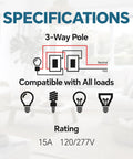 3 Way Decorator Light Switch With Wall Plates Pack of 10 15A 120/277V Decora Style Rocker Switches For Home Use Residential UL Listed specifications diagram