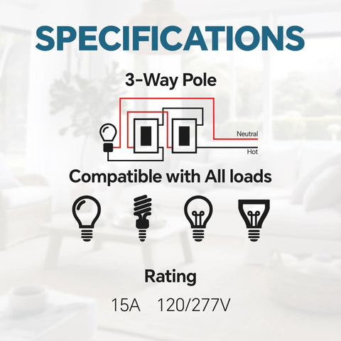 3 Way Decorator Light Switch With Wall Plates Pack of 10 15A 120/277V Decora Style Rocker Switches For Home Use Residential UL Listed specifications diagram