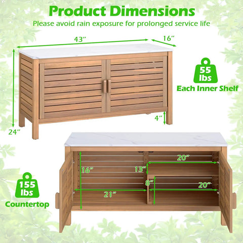 Outdoor Patio Storage Cabinet With Faux Marble Top Two Door Acacia Wood Console Sideboard dimensions and weight details