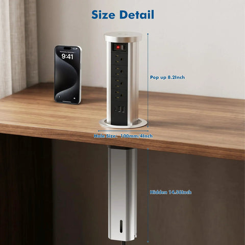 Pop Up Countertop Power Outlet With USB C And Four AC Sockets Slick Recessed Receptacle Pull Up Socket 10W Wireless Charger with size details