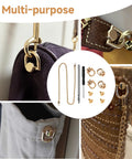 Gold D Ring Hardware Kit For Purse Straps With 360 Rotatable D Rings, Rivet Screws Kit, Punch Tool And Screwdriver in use on bags