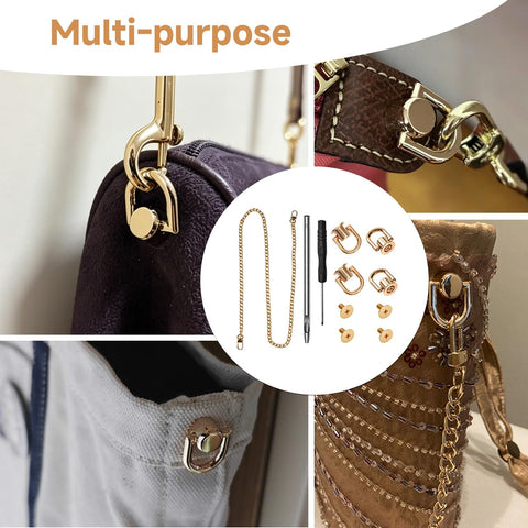 Gold D Ring Hardware Kit For Purse Straps With 360 Rotatable D Rings, Rivet Screws Kit, Punch Tool And Screwdriver in use on bags