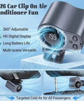 Clip On Car Fan With LED Display And 360 Degree Rotation, 199 speed settings, USB rechargeable, shown in dark gray color.