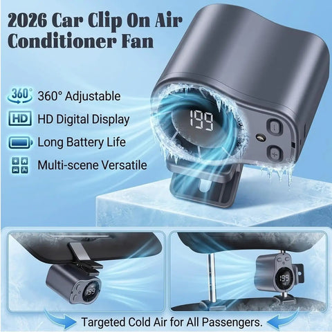 Clip On Car Fan With LED Display And 360 Degree Rotation, 199 speed settings, USB rechargeable, shown in dark gray color.