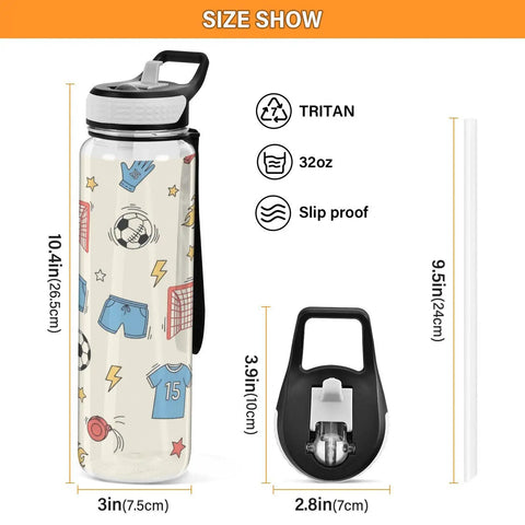 Size dimensions of 32 Oz Tritan Sports Water Bottle For Gym, Running, Hiking And Travel, BPA Free, Leakproof, with sports design