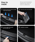 Spigen rear bumper trunk sill guard in black with four-step installation guide for 2025/2026 Tesla Model Y.