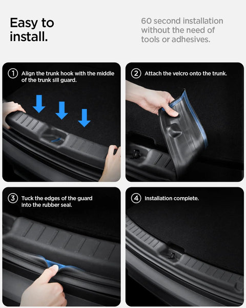 Spigen rear bumper trunk sill guard in black with four-step installation guide for 2025/2026 Tesla Model Y.