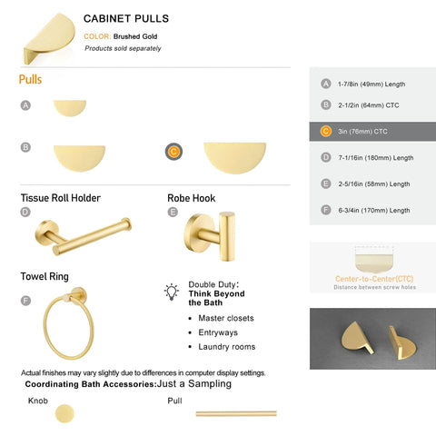 Solid Brass Cabinet Pulls 5 Pack Gold Half Moon Drawer Handles For Kitchen Cabinets And Dressers, Brushed Finish, Detail View