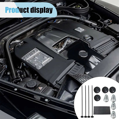 Top Shelf Universal Fan Mounting Kit Featuring Push Through Radiator Cooling Fan Straps And Heavy Duty Installation Bolts Clips Springs Foam Pads For Every Rig displayed in engine bay.