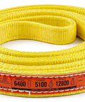 Yellow nylon endless lifting sling, 1 in x 4 ft, rolled coil; 2-ply webbing, USA made, 6400/5100/12800 lb
