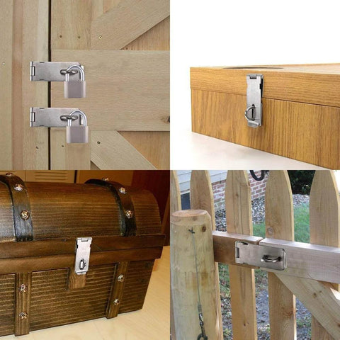 5 Inch Door Hasp Latch Lock In 304 Stainless Steel Matte Black With 1.9 Mm Thickness shown on doors, chests, and gates.