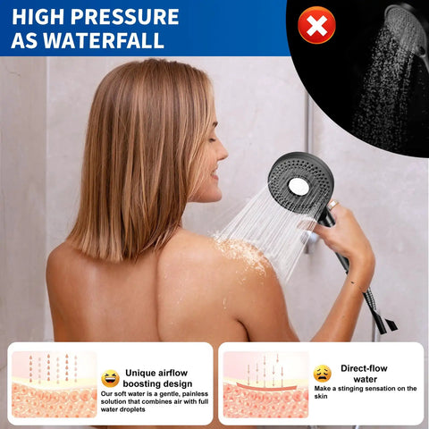 High Pressure Rain Shower Head With Filters For Hard Water, handheld spray in use, water softener feature, reducing skin dryness.