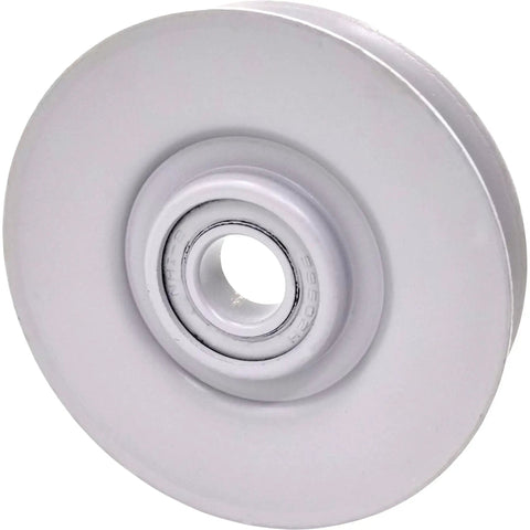 V Groove Idler Pulley Wheel For Power Transmission Three And A Half Inch Diameter With Five Eighth Inch Bore For 4L A And 5L B Belts Fits Compressors Industrial Fans Lawn Mowers And General Belt Drive Applications, showing pulley wheel front view.