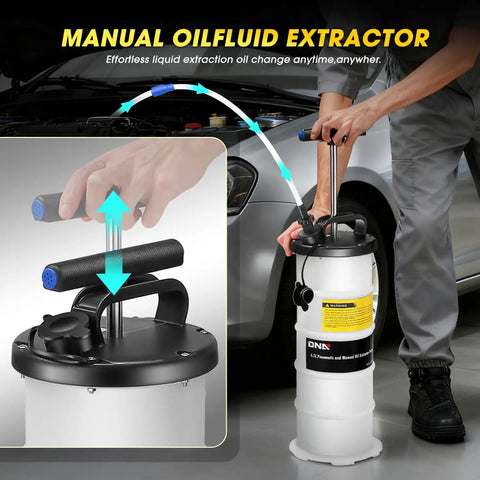 Man using Versatile 6.5L Oil Extractor Pump With Dual Pneumatic And Manual Modes, extended suction hose visible
