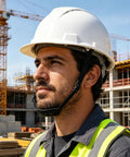 Man wearing Six Pack Built Tough Hard Hat Chin Straps 22 Inch Adjustable Universal Polyester Harness at construction site.