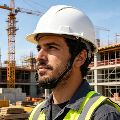 Man wearing Six Pack Built Tough Hard Hat Chin Straps 22 Inch Adjustable Universal Polyester Harness at construction site.