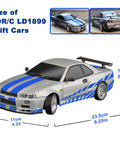 LDRC LD1899 1/18 RC Drift Car Nissan Skyline GTR R34 RWD With 2.4GHz Gyro Steering, silver body with blue stripes, dimensions