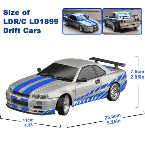 LDRC LD1899 1/18 RC Drift Car Nissan Skyline GTR R34 RWD With 2.4GHz Gyro Steering, silver body with blue stripes, dimensions