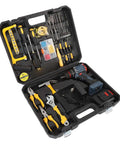 Heavy Duty Cordless Drill Kit With Slick Brushless Engine Delivering Up To 1500 RPM And 25 Precise Torque Gears For Badass Home Repairs and Furniture Buildouts in a tool case with various tools