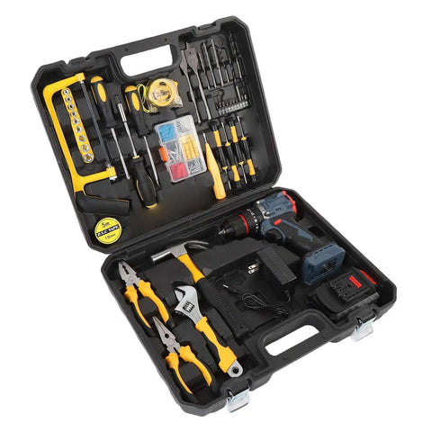 Heavy Hit Brushless Cordless Drill Kit With Bright Led Lamp And Quick Battery Check For Rock Solid Home Fixes Furniture Builds And Slick Wood Drilling Up to 1500 Rpm With 45 Nm Twist Power in a tool case with assorted tools.