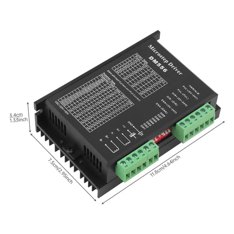 Powerful Stepper Motor Driver for Nema 17 23 34 Motors, black CNC controller, with measurement annotations, DIY CNC builds