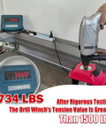 Test of Portable Drill Winch 1500 Pound Capacity With 40 Foot Steel Cable, displaying 1734 lbs on digital gauge