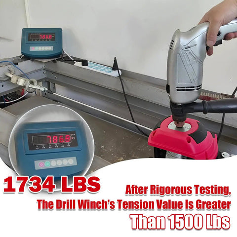 Test of Portable Drill Winch 1500 Pound Capacity With 40 Foot Steel Cable, displaying 1734 lbs on digital gauge