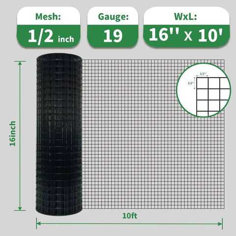 Heavy Duty PVC Coated Hardware Cloth Wire Mesh Roll 16 Inch By 10 Foot Half Inch Openings 19 Gauge Galvanized Steel Welded Fencing