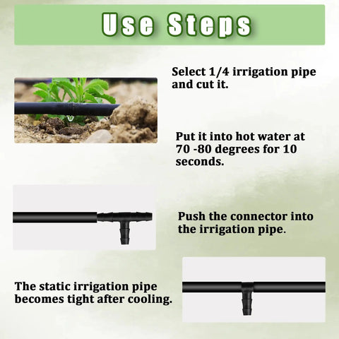 Instructions for using Pro Grade 220 Piece Barbed Irrigation Fittings Kit For One Quarter Inch Tubing with visual steps.