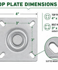 Top plate dimensions for 12 Inch Swivel Caster No Flat Pneumatic Wheel with 4" x 4-1/2" size and slotted mounting hole.