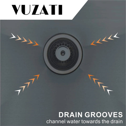 Drain grooves detail of Undermount Gun Metal Stainless Steel Kitchen Sink With 16 Gauge Deep Single Bowl Bottom Grid Basket Strainer Cleaning Towel And 17x17x9 Inch Size For A Seamless Sleek No Nonsense Look In Your Busy Home Kitchen.