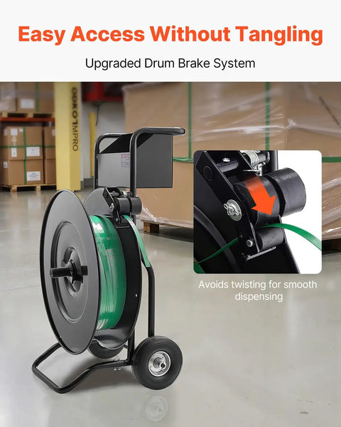 Road Ready Banding Strapping Cart For Pet And Polypropylene Coils with upgraded drum brake and green strap, mobile dispenser.