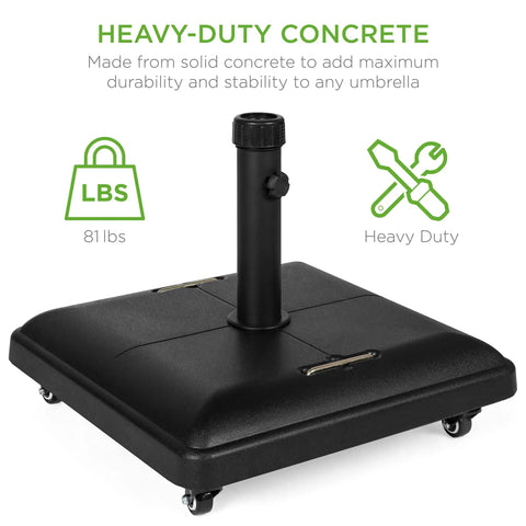 81 Pound Heavy Duty Concrete Rolling Umbrella Base With Locking Wheels And Collapsible Handles For Patio Garden Deck Outdoor Use Square Shape One Size Fits Most Umbrellas Stable Wind Resistant Base